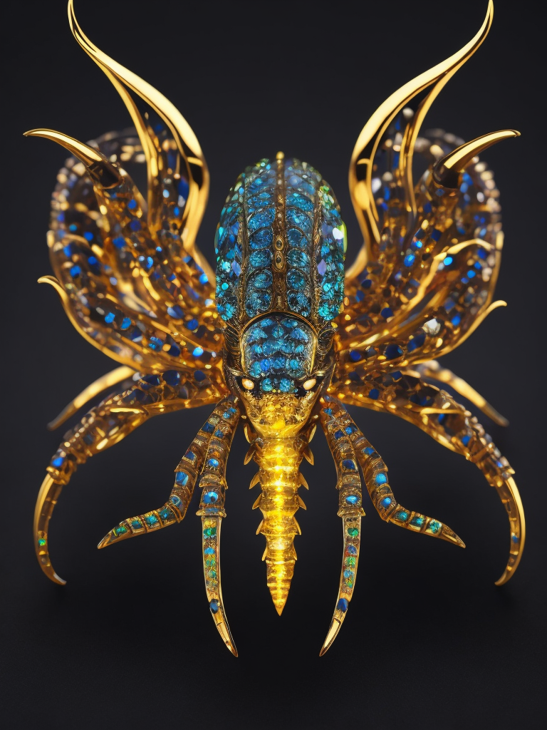A crystal scorpion in swarovski style, vibrant colors, high detail, contrast light, sharp focus
