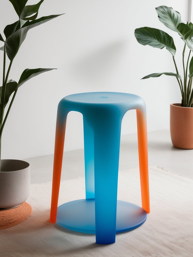 A contemporary minimalist semi-translucent silicone stool with vibrant cyan blue and orange gradient colors as if designed by hi studio.