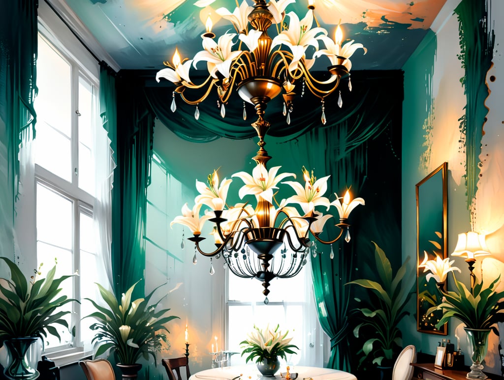 Люстра винтаж большая. Зеркала. Букет лилий белых. Зелень