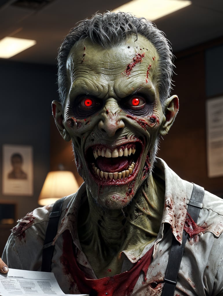 create zombie in a office doing paperwork, hyper realistic, 90 movie style. el zombie esta muy podrido. Very focused, very detailed damage skin. Very real red eyes, smiling. With cafe in the hands. Dark, scary, apocalipsis