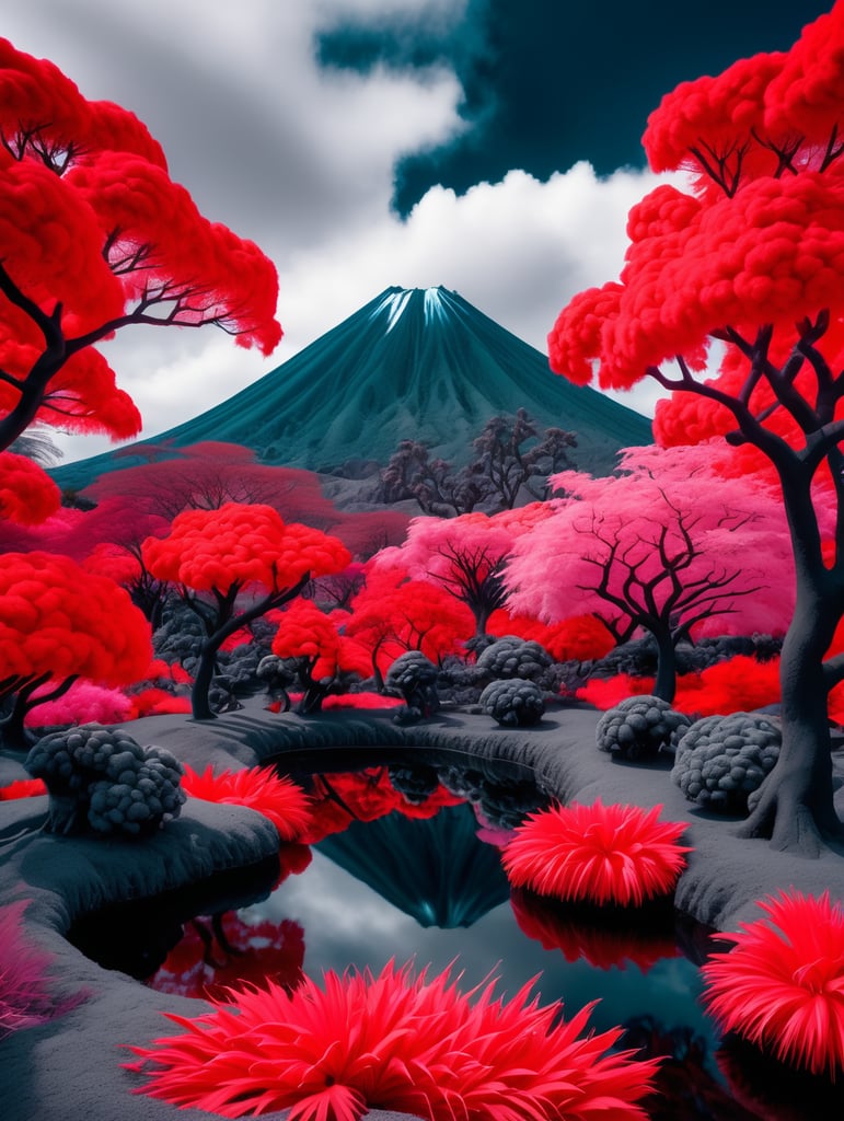 Landscape shot of volcano garden and trees, captured using infrared photography, 8k resolution image, smooth and polished. bold red and black colors