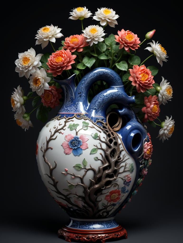 Chinese porcelain human heart vase, with flower