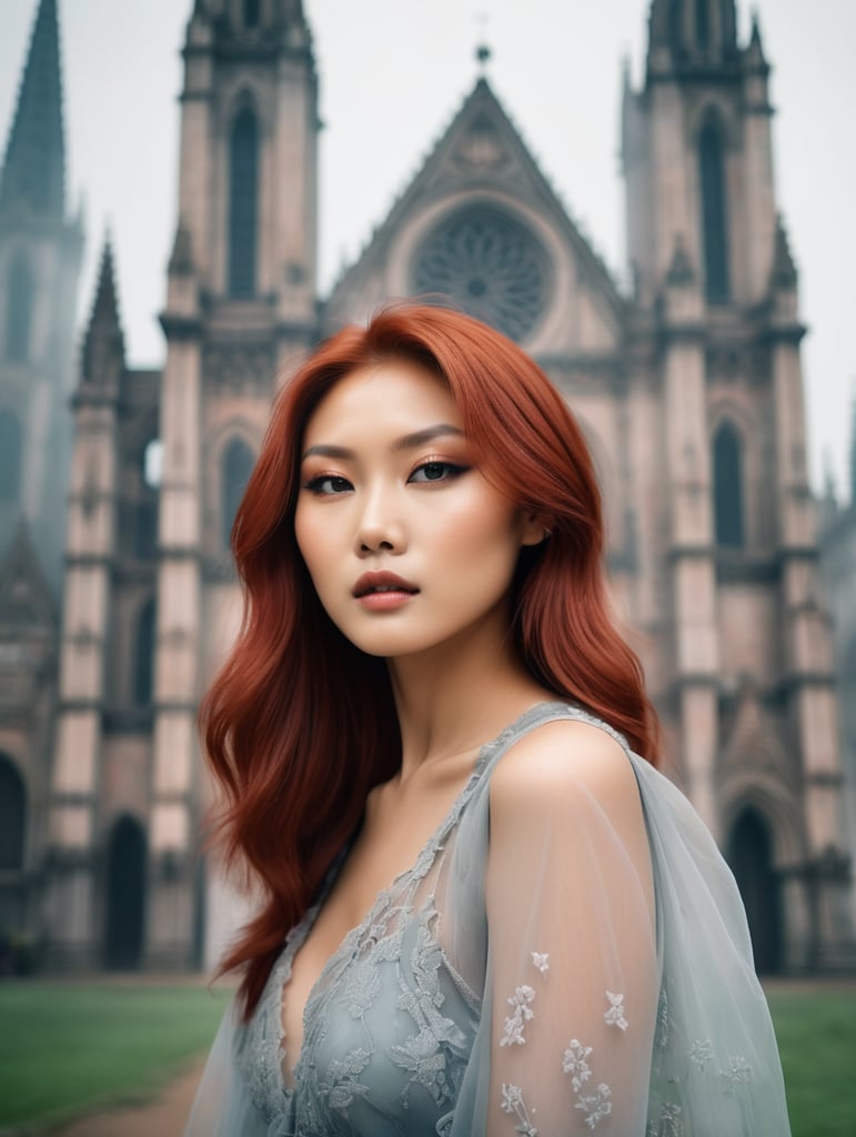 Portrait of beautiful asian fashion model with pale red hair, ethereal dreamy foggy, photoshoot by annie leibovitz, editorial fashion magazine photoshoot, fashion poses, in front of gothic cathedral architecture. kinfolk magazine. film grain. a soft smile
