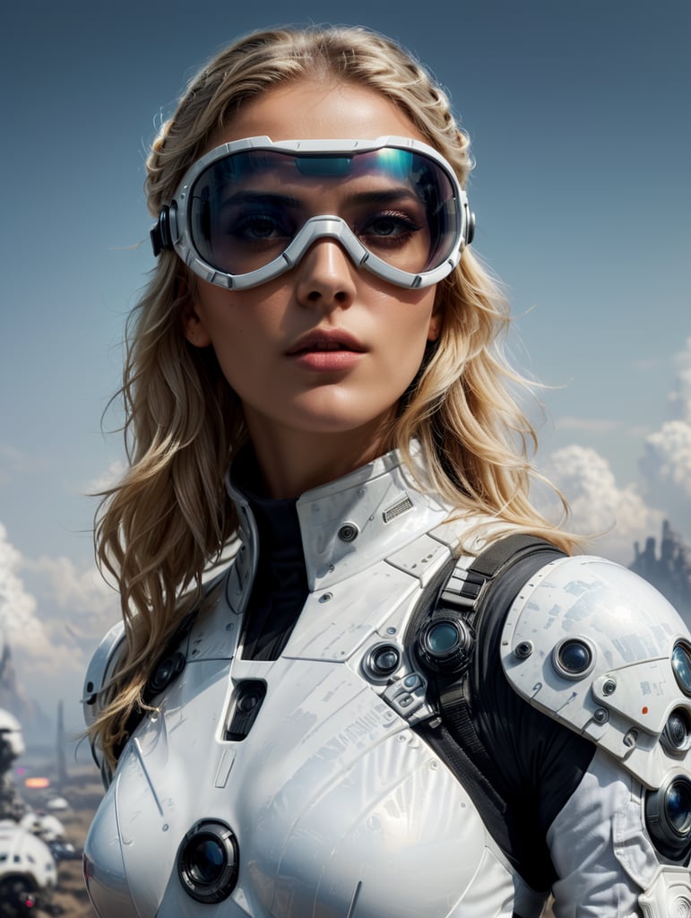 full body beautiful supermodel female model all white wearing futuristic female starwars model and astronaut style goggles in blonde hair looking to the right. No background, 8k, surrealistic