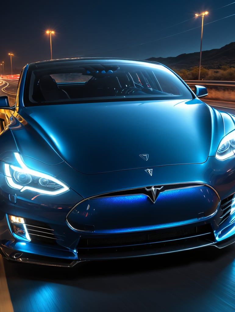 focusing on the front part of the car and the headlights, render a highly detailed, clean, tesla car speeding on highway from right to left with blue neon lights, blue headlights and light blue neon trails