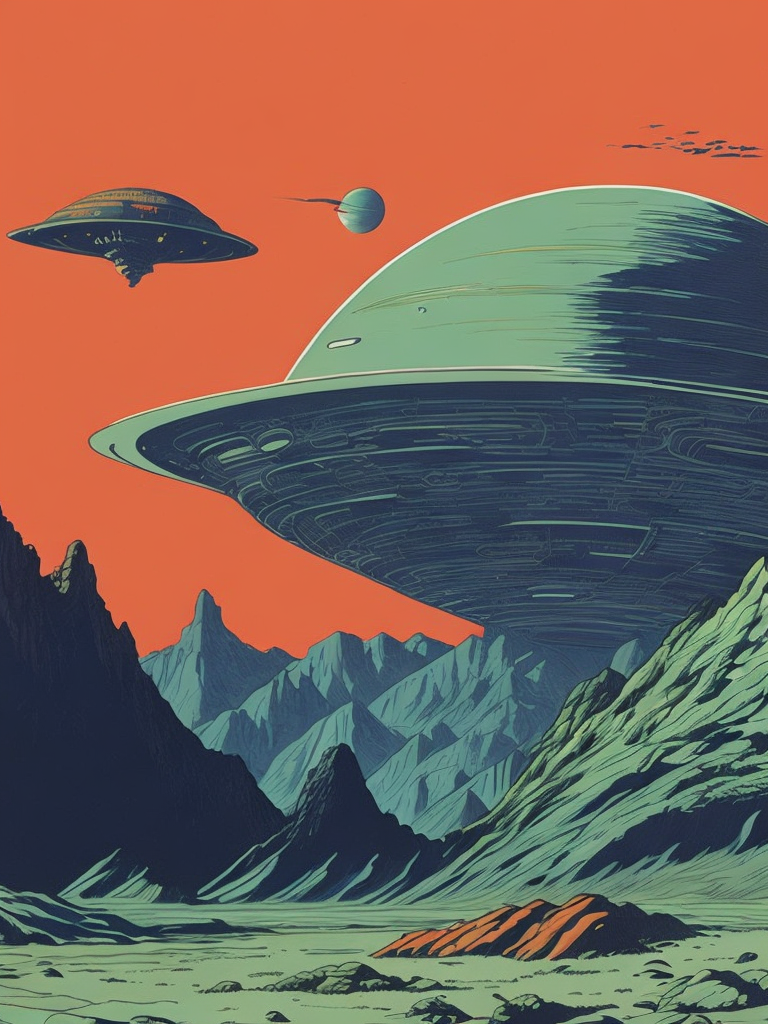 surreal looking alien planet from space, retro star trek, Moebius