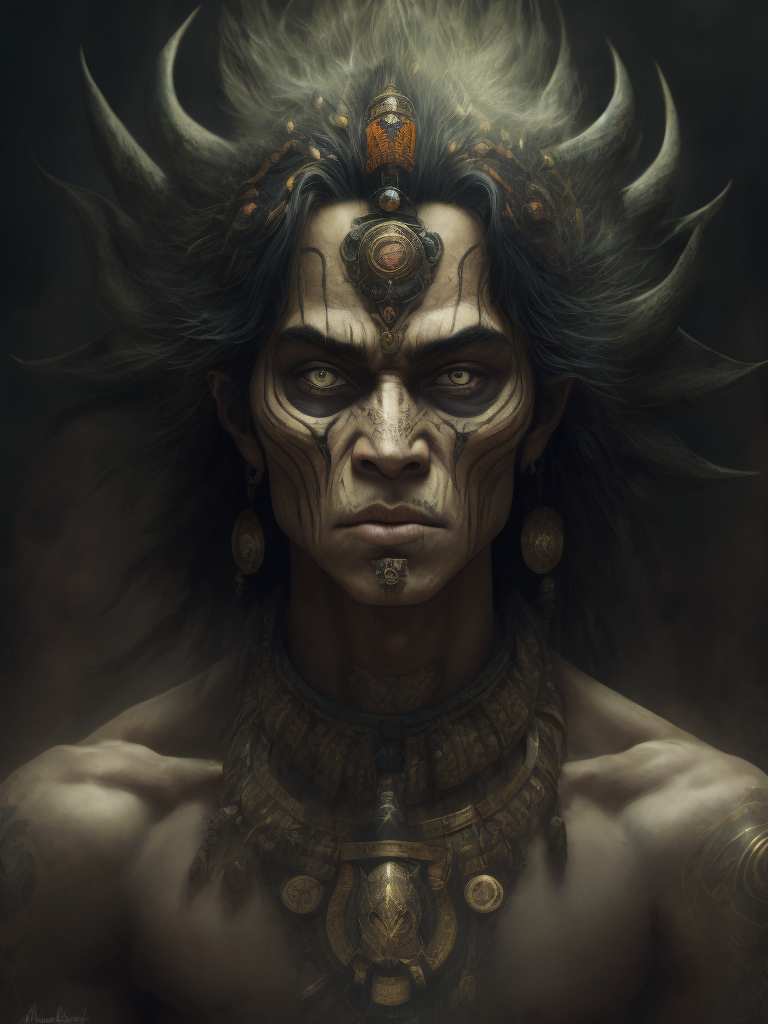 In this powerful and evocative image, mictlantecuhtli, the ancient aztec god of the underworld, emerges in all his ominous glory. rendered predominantly in stark black and white, with subtle gradations of gray, the depiction showcases the deity's menacing presence and serves as a testament to his authority. mictlantecuhtli's face embodies an intense fury, with furrowed brows and eyes ablaze with anger. his facial features are sharp and defined, with deep-set eye sockets that pierce through the darkness. elongated, bony structures form his skeletal visage, accentuating the otherworldly nature of his being. jagged teeth, stained and yellowed, protrude menacingly from his mouth, capturing his ferocity and instilling fear in those who behold him. the environment surrounding mictlantecuhtli reflects the essence of his era, transporting us to the aztec underworld known as mictlan.