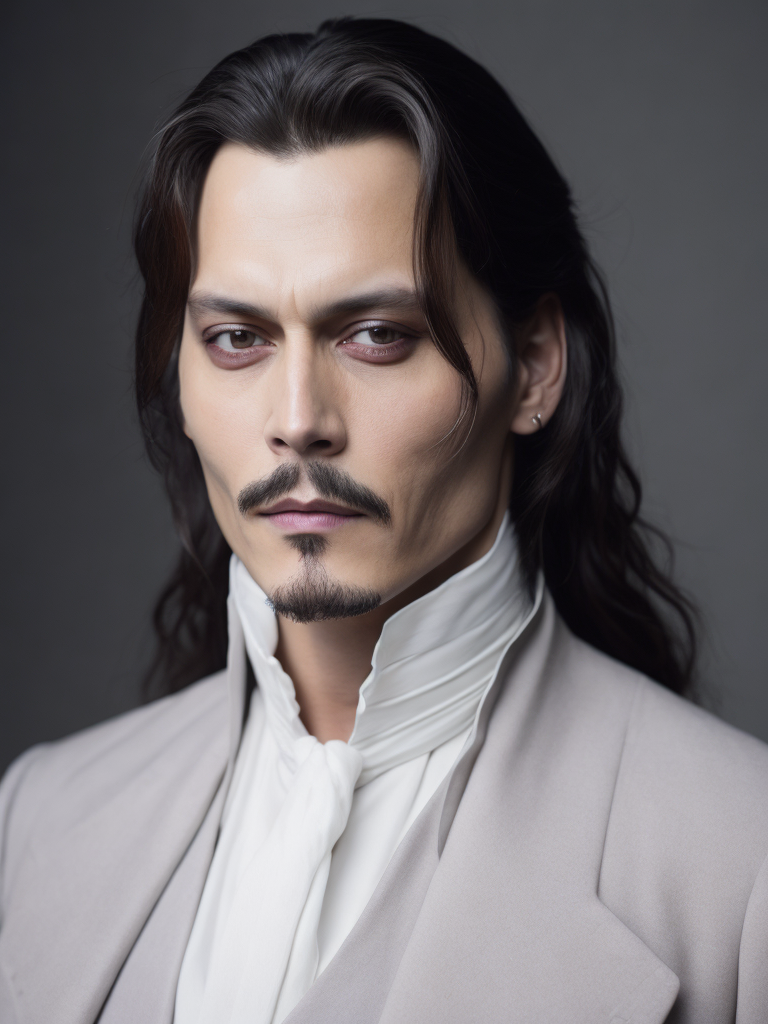 Portrait of Johnny Depp as Count Dracula, majestic look, long hair, he wears 18th-century style clothing, dark background, contrasting light, detailed face, muted tones