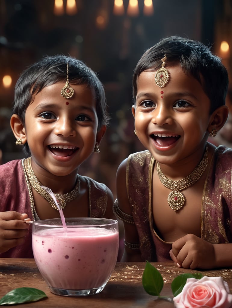an 2 Indian kids drinking rose milk with happy face