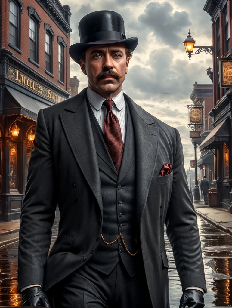 Explore the duality of H.H. Holmes as he dons a sharp suit and expertly sells insurance, all while his hidden malevolence lurks just beneath the surface. Use your creative vision to capture the contrast between his charming facade and his true nature."