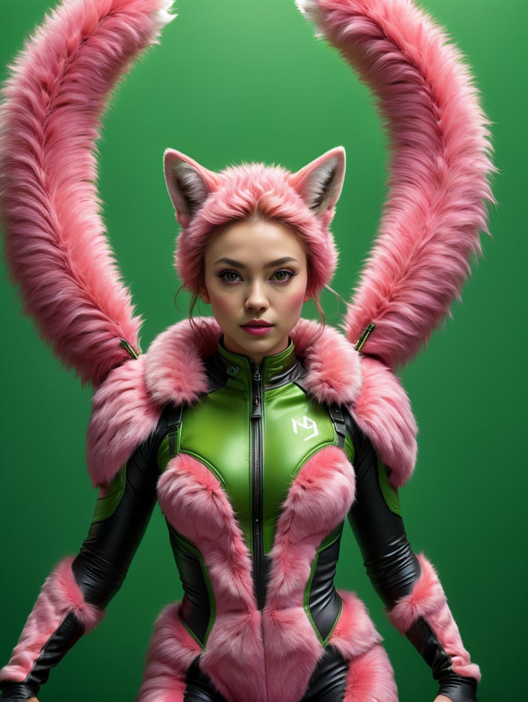 a babe in a pink fur suits poses in front of a green screen, in the style of bold, graphic lines, hyper-realistic pop, natalia rak, manticore, michael page, vibrant stage backdrops, kodak plus-x