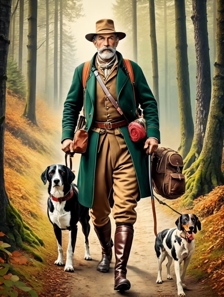 Retro poster an old Austrian hunter with a hunting dog walks along a forest path, dressed in traditional Austrian clothes, carrying a backpack with things, caught game in his belt