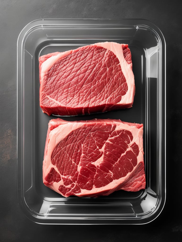 ready of cooking steak new york in a transparent plastic tray, top view, isolated, mockup