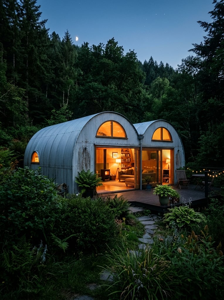 A twin-arched corrugated metal dwelling nestled within a lush, dark green forest at twilight. Warm amber light glows from semicircular upper windows and wide glass sliding doors, illuminating a modern interior against the cool evening shadows. The silvery, ribbed exterior contrasts sharply with the soft leafy bushes in the foreground and the dense wooded hillside rising in the background.