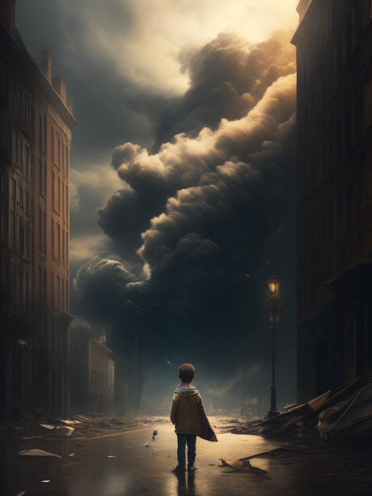 a 1child standing, sadness, oil painting, a massive swirling tornado swept through city, ultra-wide shot, destructive, natural disaster, cold color, epic composition, epic proportion, masterpiece, award winning, HD, 64K,