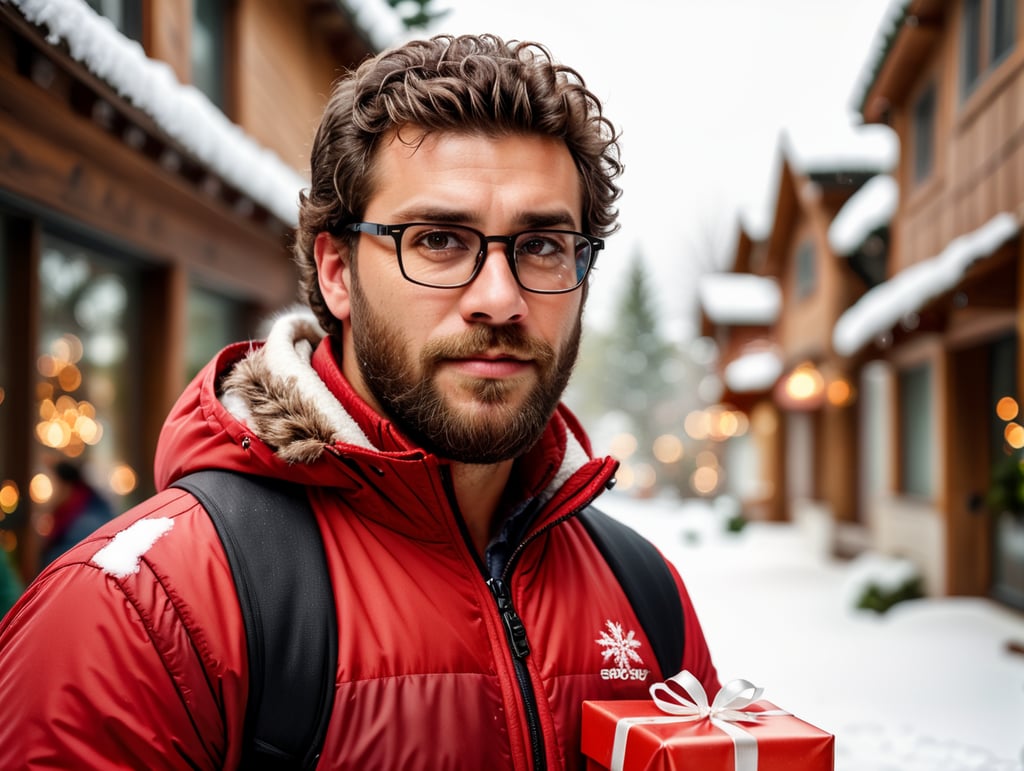 portrait of a bearded curly man wearing red puffer jacket, reeding glasses, stands front camera with gift box his hand, snowy weather, Christmas time, blurry background