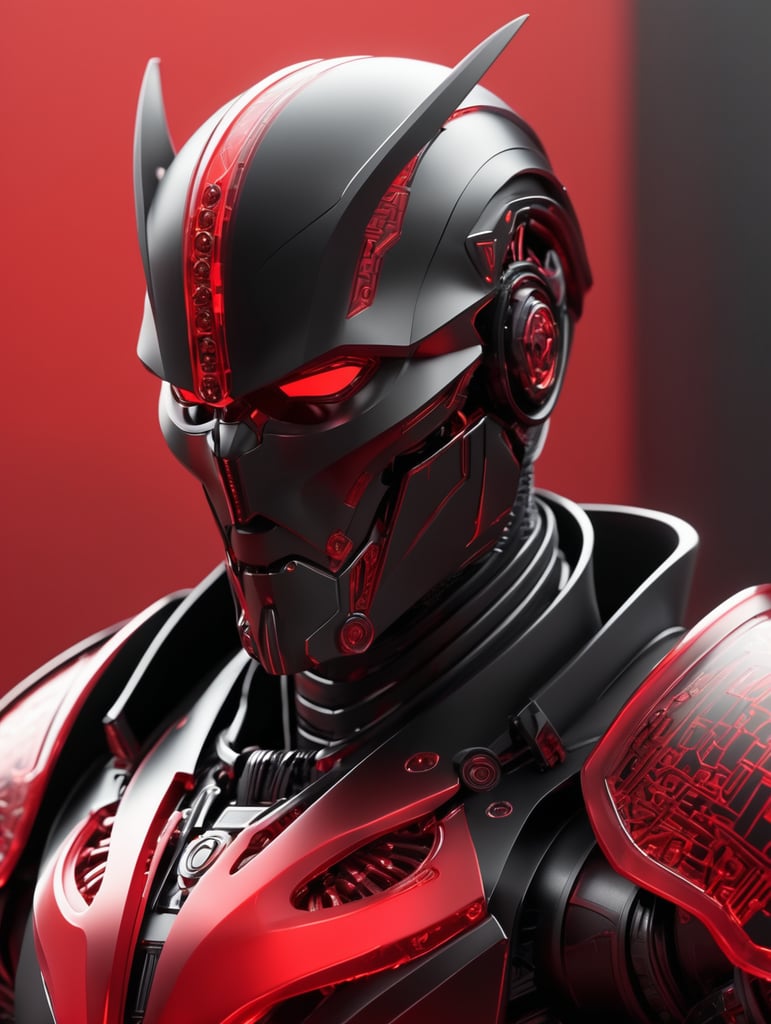 Matte black and red armored cybernetic sith lord, black on red, octane render, translucent, transparent, robotic detailing, realistically detailed, soft light, evoking,