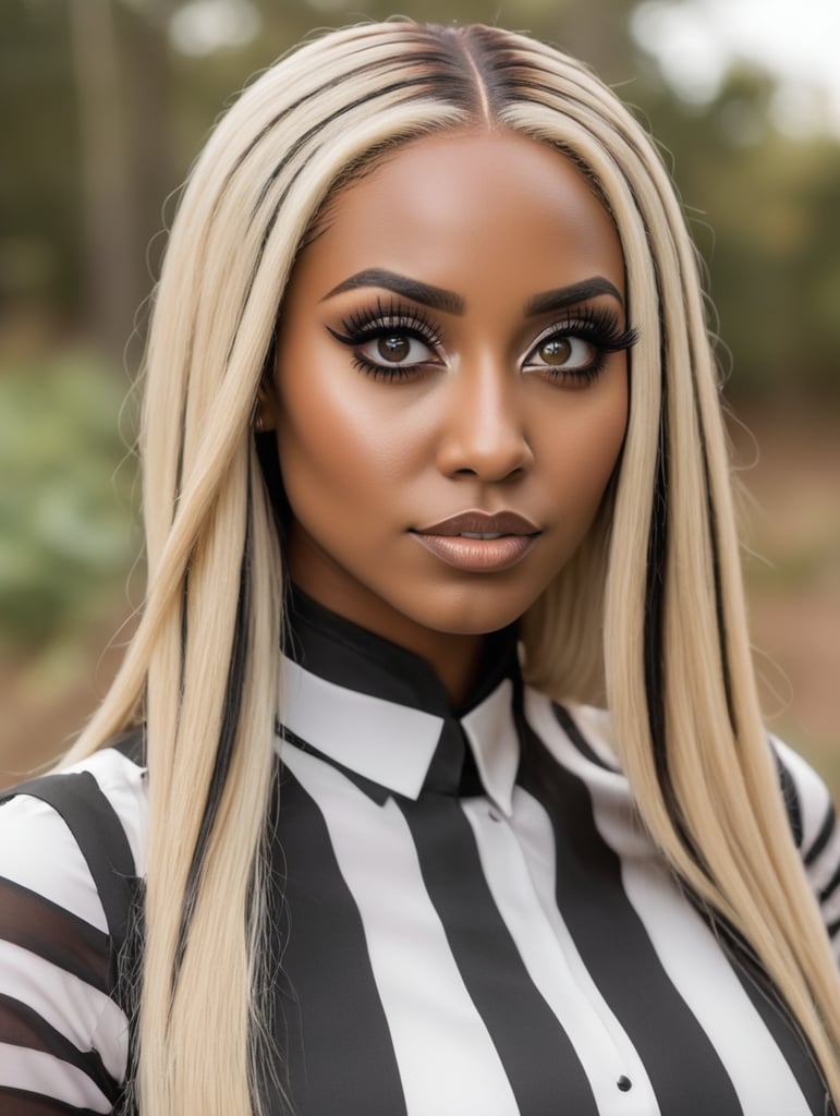 tan skin African woman with hazel eyes with long extensions, side-parted Straight blond hair black roots and false lashes in Beetlejuice costume