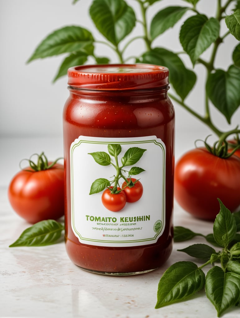 tomato ketchup jar, red tomato with green leaves, isolated, white background, mockup