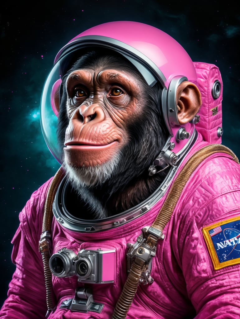 A chimpanzee going to space, wearing pink color astronaut suit, Vivid saturated colors, Contrast light, studio photo, professional photo, Detailed image, detailed face