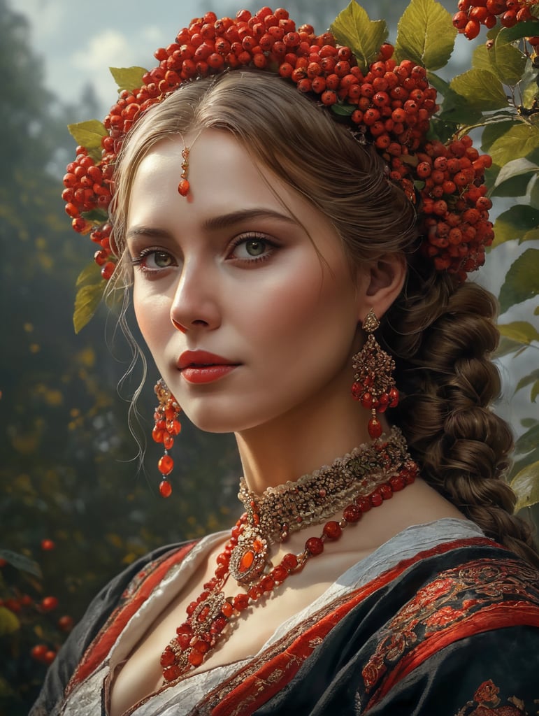 Portrait of a Beautiful women from Russian fairy tale wearing traditional costume around bunches of rowan