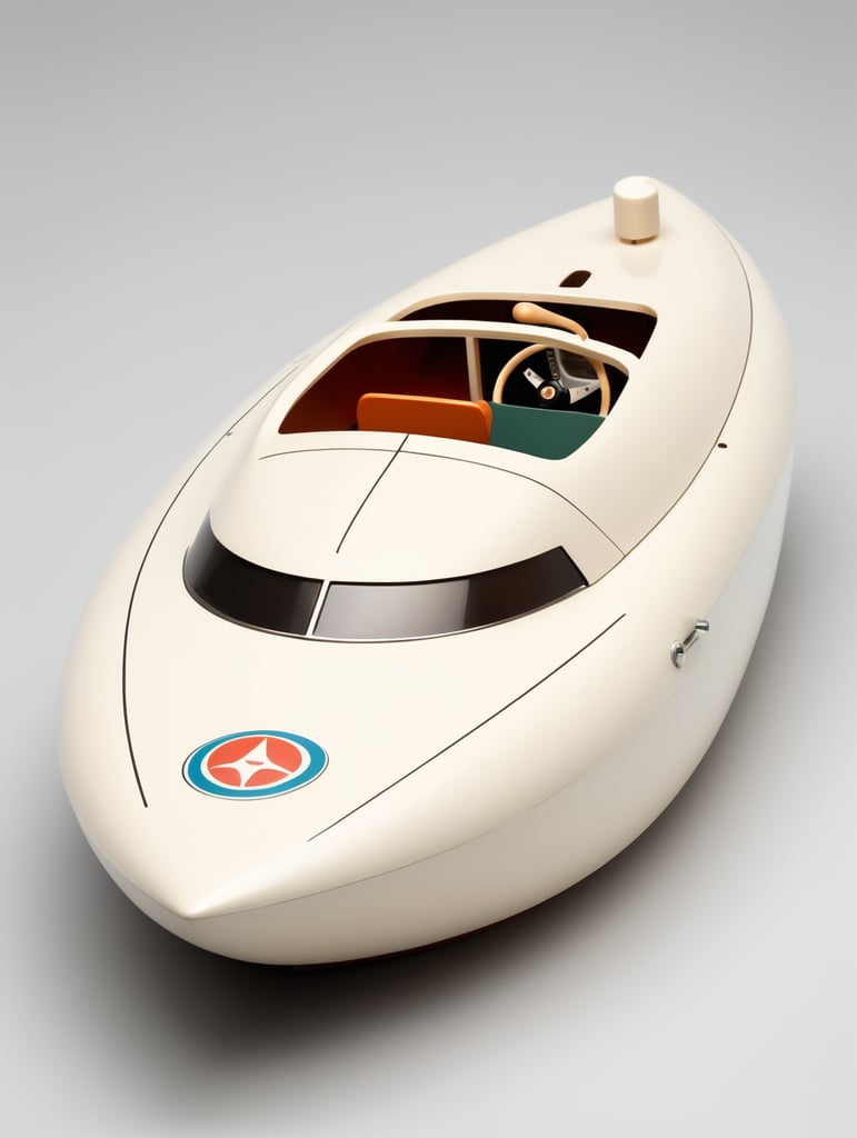 Toy chubby 1950s high speed racing boat designed by Dieter Rams. Simplistic minimalist post modernist product design. Oak top and injection molded plastic. Full object in view.