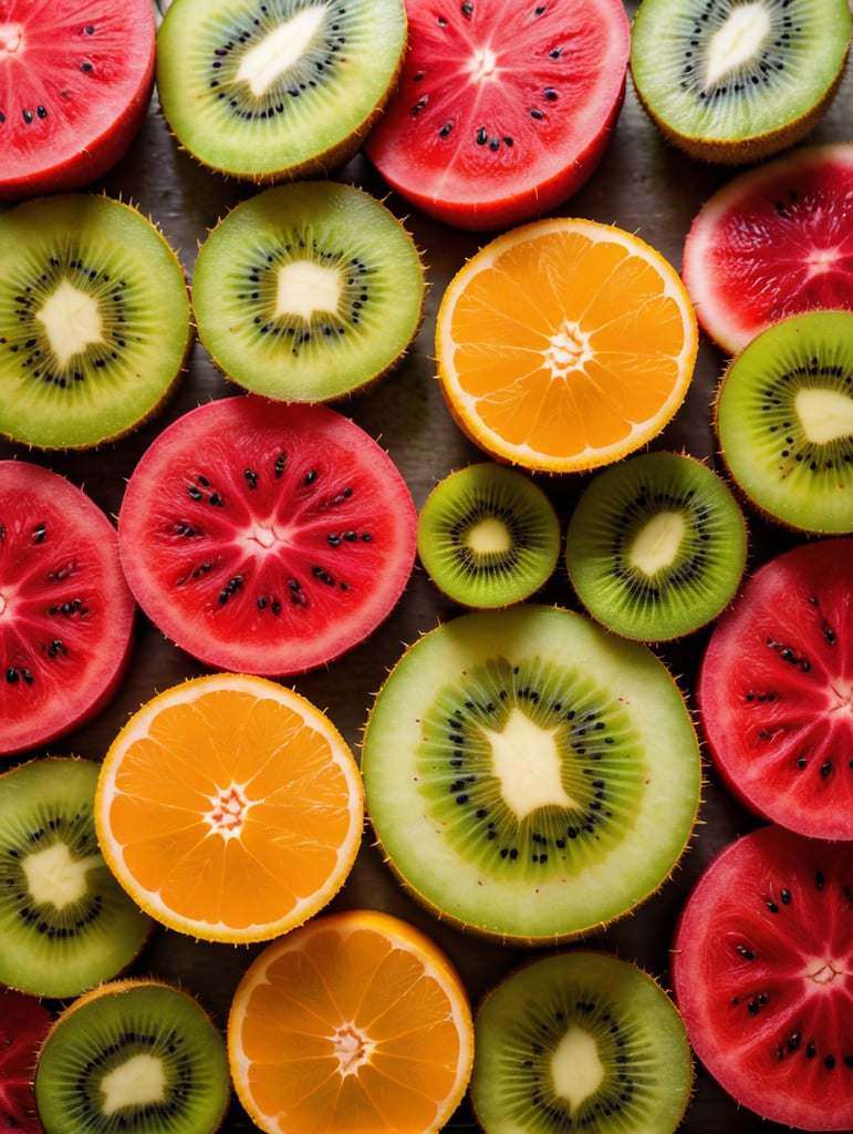 Colorful sliced fruit pieces, top view, watermelon, dragon fruit, kiwi, strawberry