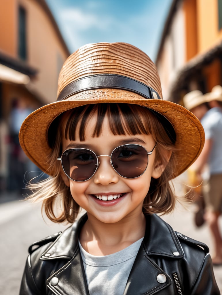 photo happy little girl going to travel, cute girl, leather jacket, straw hat, sunglasses, harpers bizarre, cover, headshot, hyper realistic