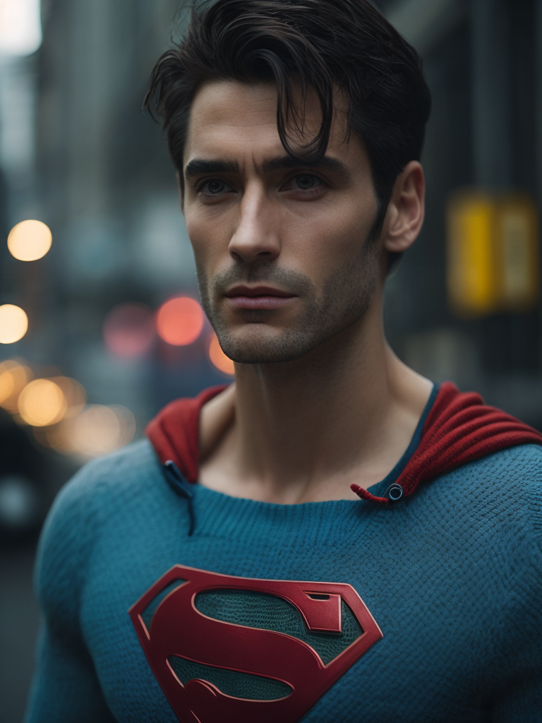 Portrait of a superman in a knitted suit, large textured knit, blue suit with a red and yellow superman logo on the chest, city in the background, blurry background, professional shot, bright saturated colors, sharp focus, highly detailed