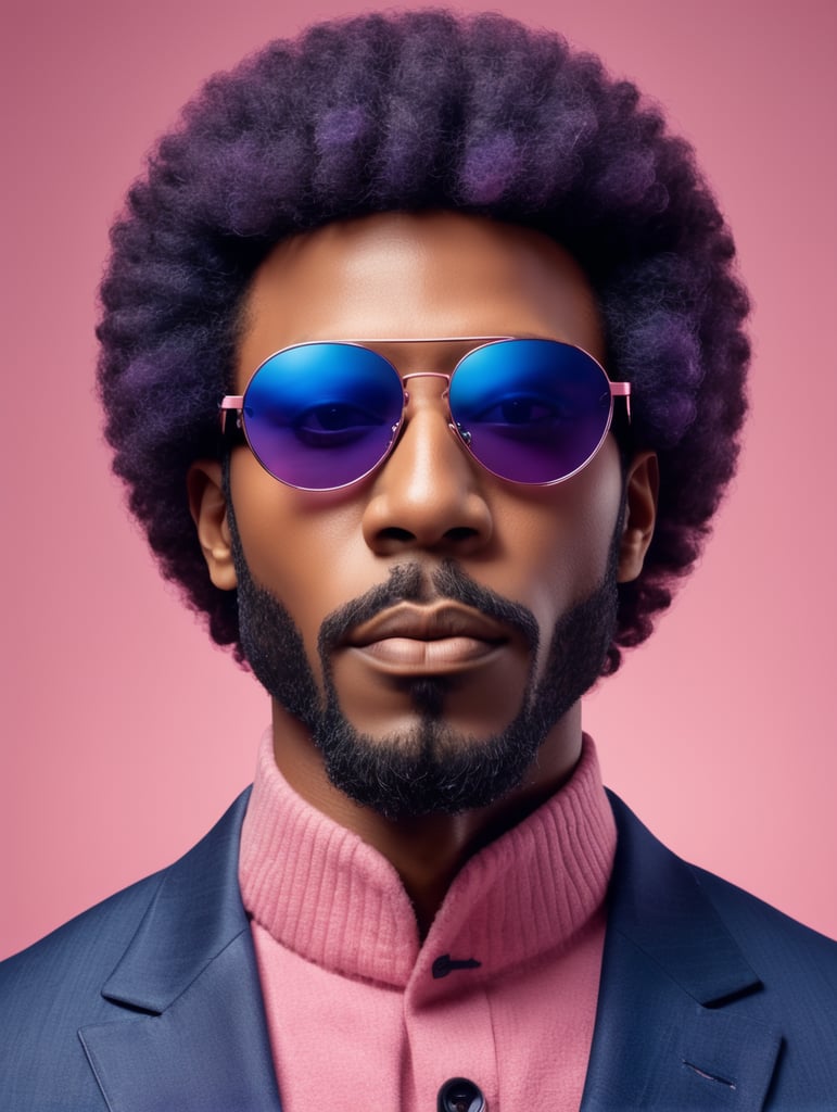 Afro ebony man, sunglasses, avant-garde, simplygo, photoshoot spread, dressed in all indigo, pink background, harpers bizarre, cover, headshot, hyper realistic