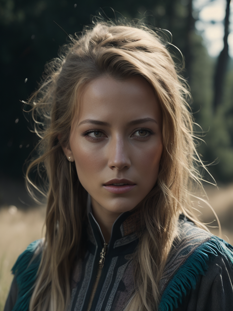 Blake Lively dressed in Native American clothes, realism, photorealism, wearing beautiful regalia, high resolution, forest background, cinematic