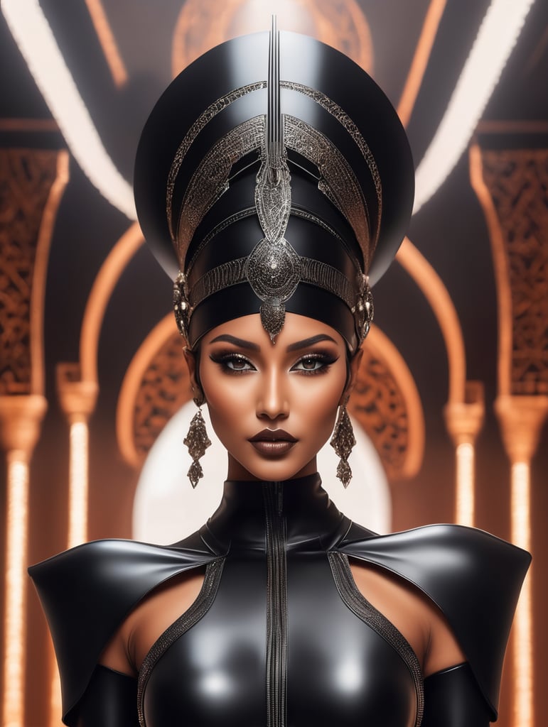 A tan-skinned Moroccan female in an all-black sleek futuristic outfit, with a huge headpiece as the centerpiece, clean makeup, with depth of field. The outfit is fantastical, edgy, and regal themed, captured in vivid colors, embodying the essence of fantasy with a minimalist approach.