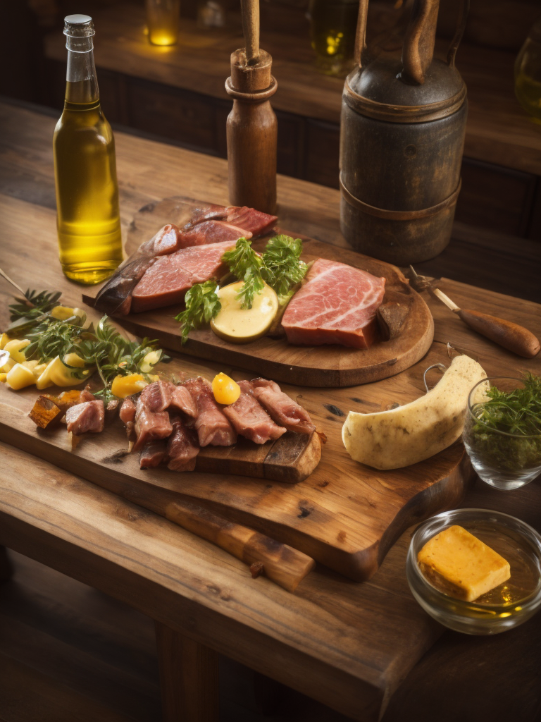 A rustic wooden table with the products on top beer bottle, olive oil cheese ham meat skewers harmonically aligned with a cozy atmosphere in the background passing the image of happiness super realistic art