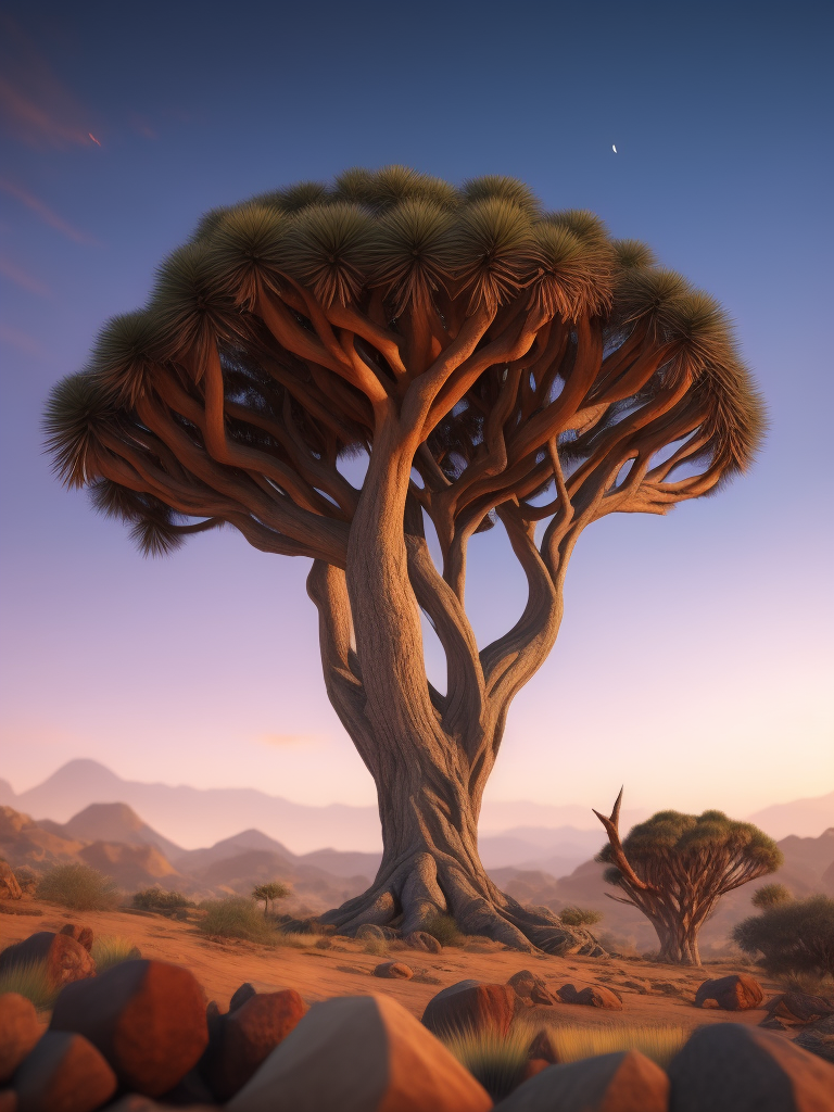 Dragon blood tree, savanna, sunset, Depth of field, Incredibly high detailed, stones, rocks, mountains on the horizon