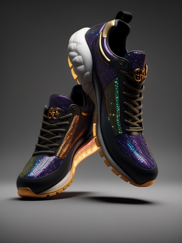 gemstone-embellished Gucci fashions with luminous lines and sequins. hyper realistic image of hi-tech sports puffy sneakers modern fashion, deep atmosphere, saturation, vibrance, sharp on details