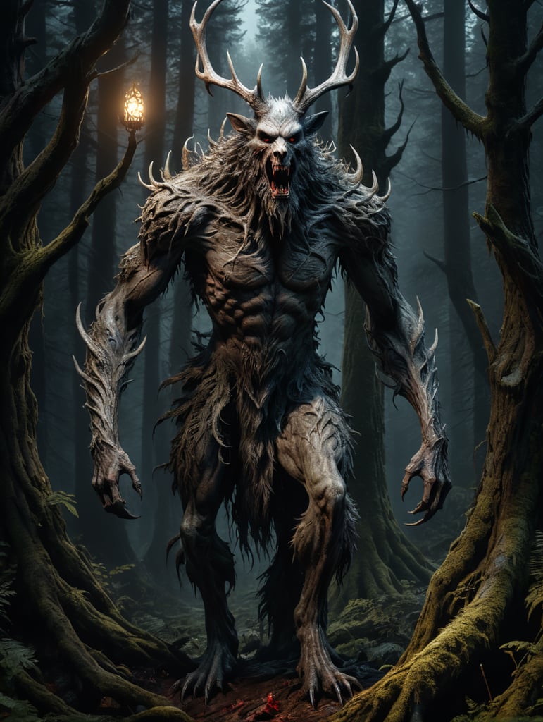 Horror movie creature, wendigo, dark forest background