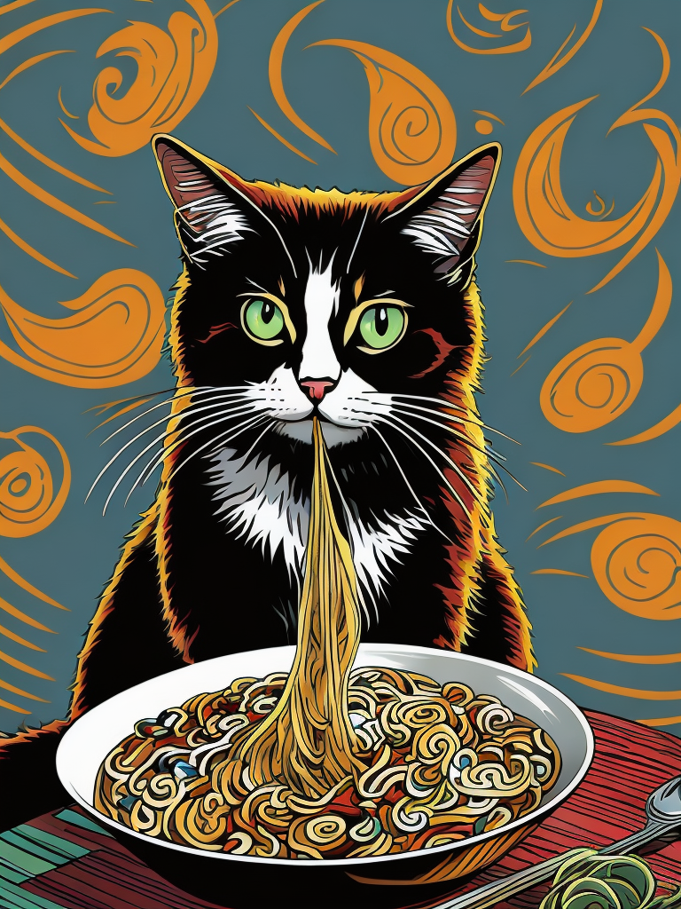 Cat eating ramen, trippy colors, cartoon style, comic style, manga style