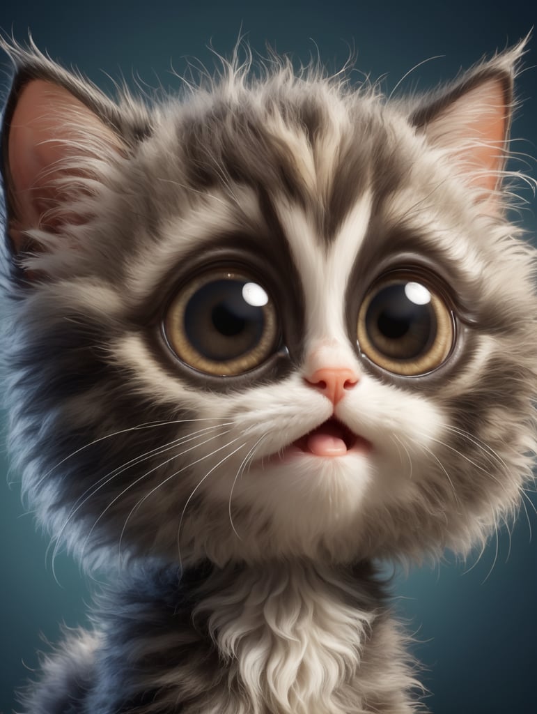 A caricature of a hairy baby kitten, large eyes expressing surprise, oversized surprised eyes, hairy long neck, numb face, extra large eyes expressing surprise, super fuzzy long and shabby baby hair (Lanugo) on the face and neck, bright, enhanced image quality, contrasting background ,8k resolution, ultra realistic image