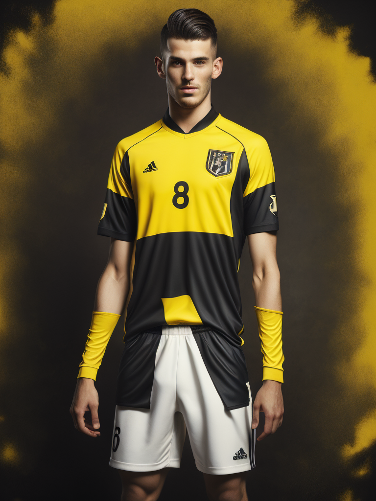 Portrait of soccer english player 1900, yellow and black shirt, whole body, bright and saturated colors, elegant, highly detailed, vogue, fashion magazine, sharp focus, Bright expressive makeup, Dramatic Lighting, Depth of field, Incredibly high detailed, blurred background