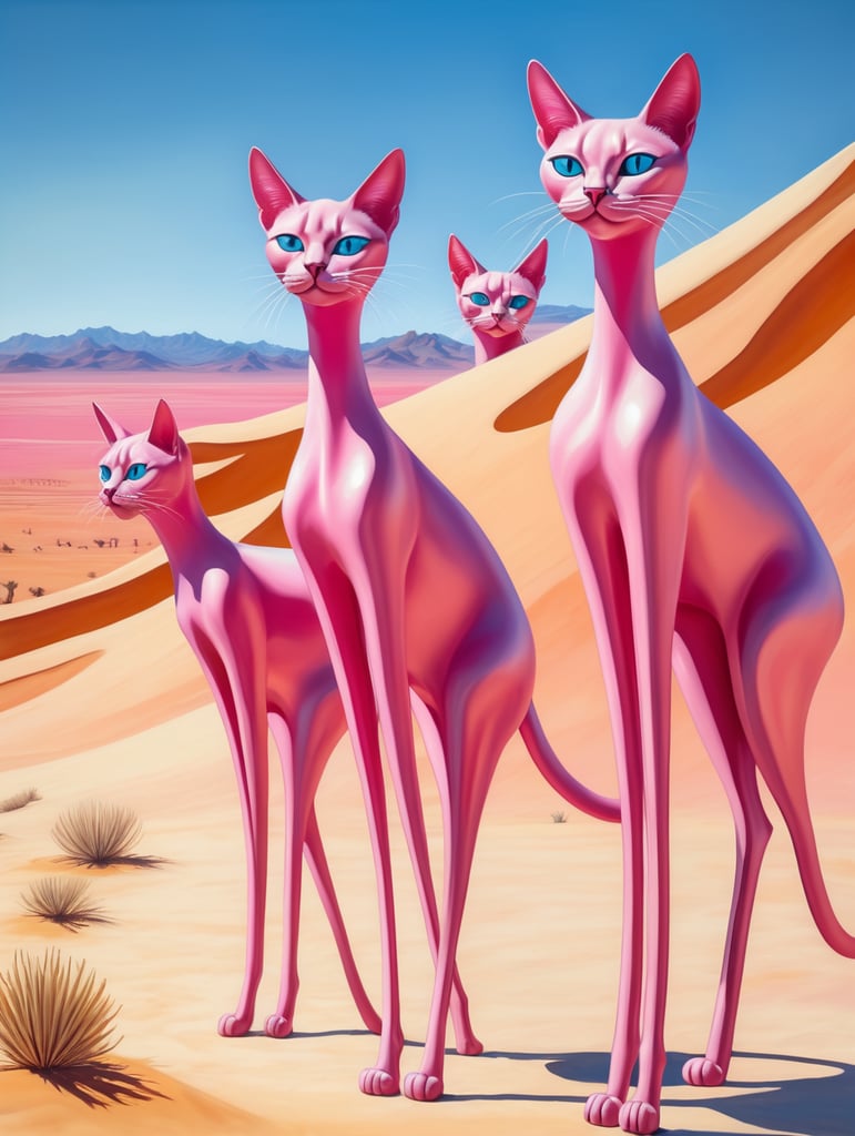Pink cats in a desert. Painted in the style of Salvador Dali. Very hot and sunny rays with blue sky. Very long and thin legs