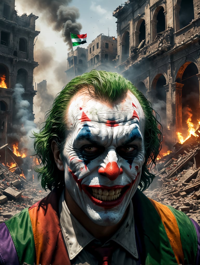 Joker Solidarity with Palestine, City Ruins, Palestinian Flag, Smoke and Destruction, Cinematic, epic detail, tracing detail