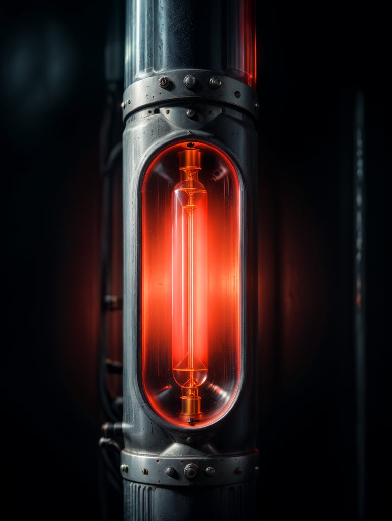 Close-up photo of a neon tube glowing with a bright red light, isolated, black background