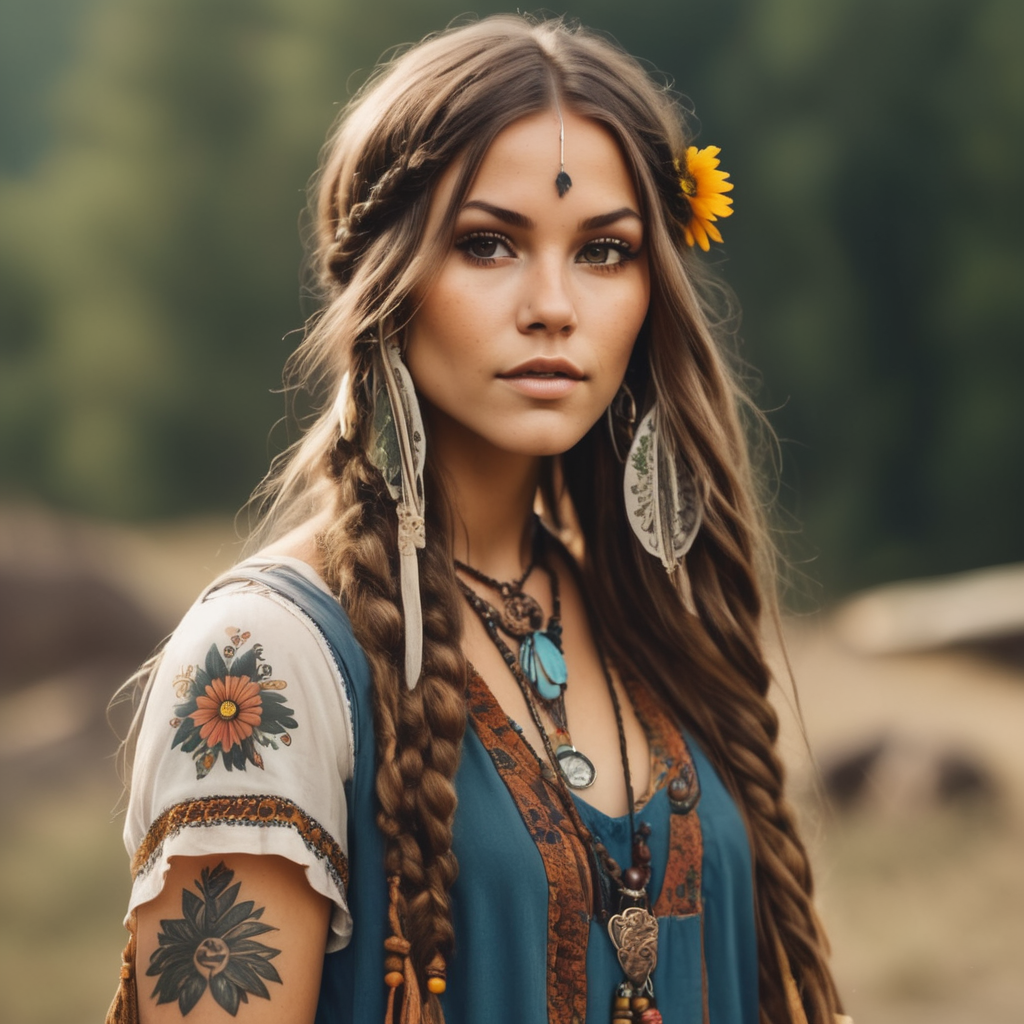 make a 70s hippie girl with brown long hair. her left arm has tattoo sleeve. she has dreadlocks underneath her hair. she’s wearing a bohemian style dress like a hippie. hazel eyes. nose ring.