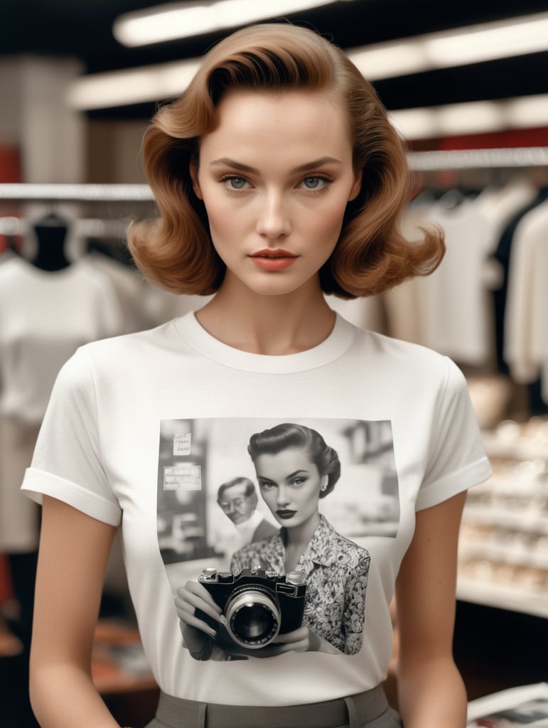 Extremely detailed photographic image, grained image, beautifully composed, monochrome image, 50's fashionable image, fashionable magazine photography, leica summicron 35mm f2.0, kodak 400tx, fashion photography, fashionable model, william s. burroughs, Woman wearing blank white T-Shirt in Clothing Store Mockup, mock up