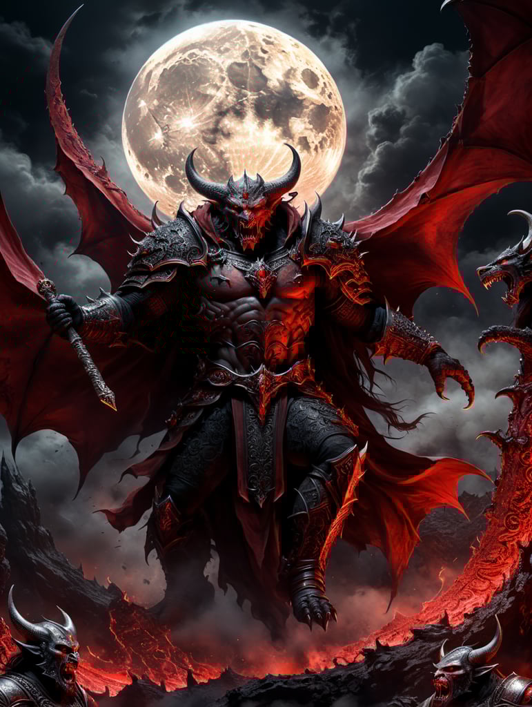 Demons on the moon in black and red colors in medieval style, banner with many details.