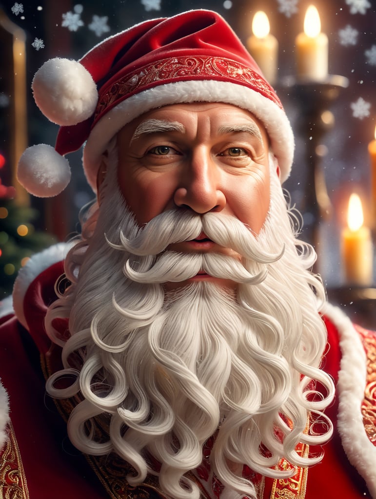 Portrait of Santa Claus, whimsical facial expression, cloned face, realistic wavy white beard, detailed beard hair, bald head, warm complexion, jolly caricature, saturated colors, all red outfit, highly detailed, sharp focus, portrait photography, depth of field, dramatic candlelit lighting, incredibly high detailed, toy workshop background, white snowflakes