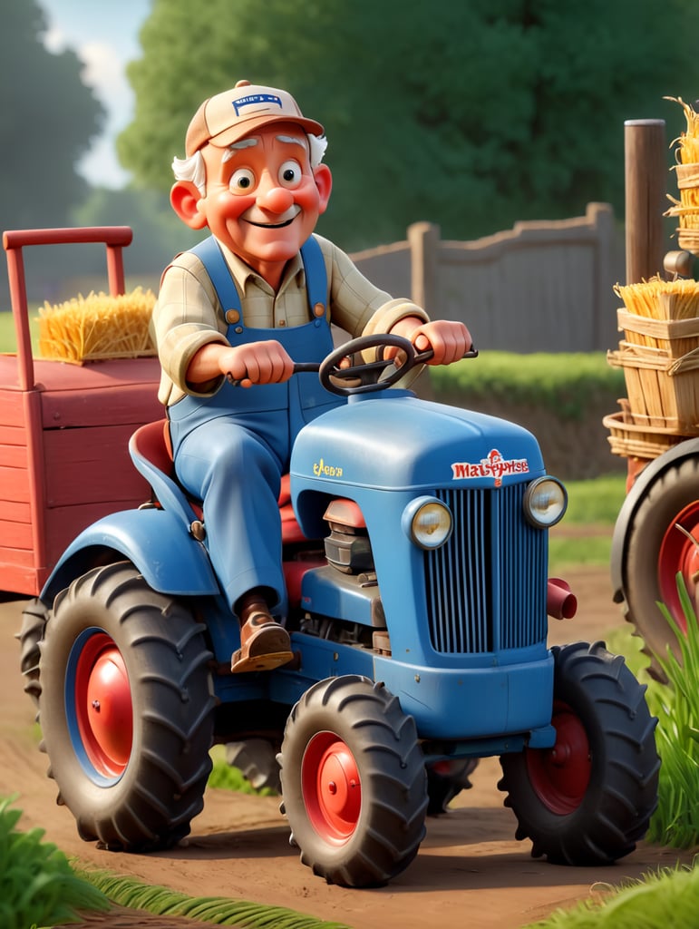 Een hele oude boer die op een hele kleine speelgoed tractor rijdt in Nederland