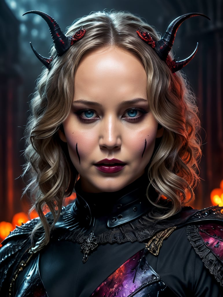 Portrait of Jennifer Lawrence as an evil character wearing a creepy and spooky Halloween costume, Vivid saturated colors, Contrasting color