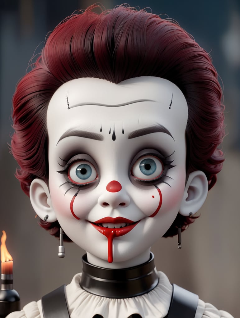 Create a 3d gothic porcelain dolls as mimes with tears of blood hyper realistic 8k holding a pipe wrench