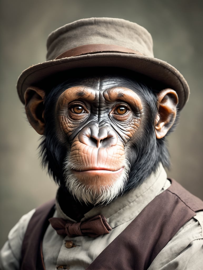 Portrait of a chimpanzee in Victorian-style labourer’s clothes
